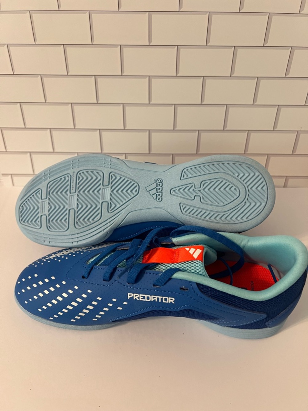adidas Predator Kids Indoor Soccer Shoes - Blue with Light Blue & Orange Accents